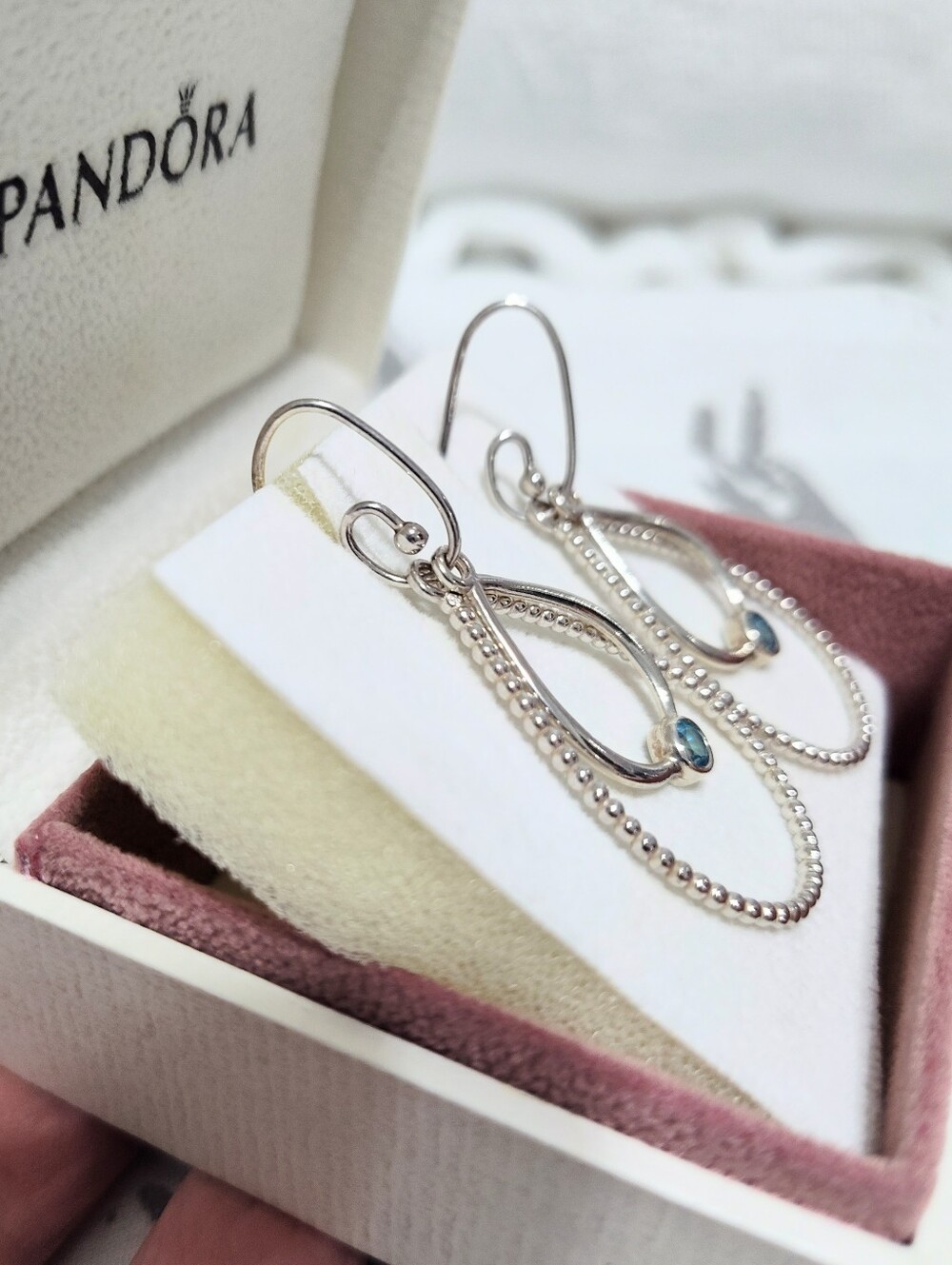Pandora "Compose" 925 Sterling Silver Double Drop Earrings w/Blue Topaz Stones - Picture 2 of 5